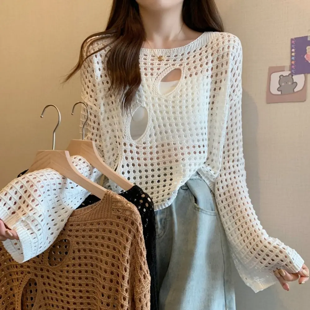 Fashion Knit Hollow-out Blouses Round Neck Hollow-out Fishnet Pullover Long Sleeve Thin Knitwear Tops Women