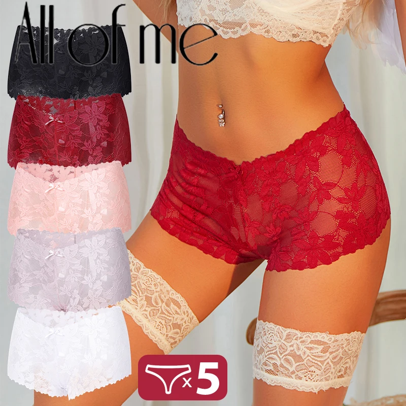 5PCS Frauen Sexy Spitze Höschen Floral Blätter Transparent Unterwäsche V-Taille Boyshort für Weibliche Weiche Atmungsaktive Dessous dessous