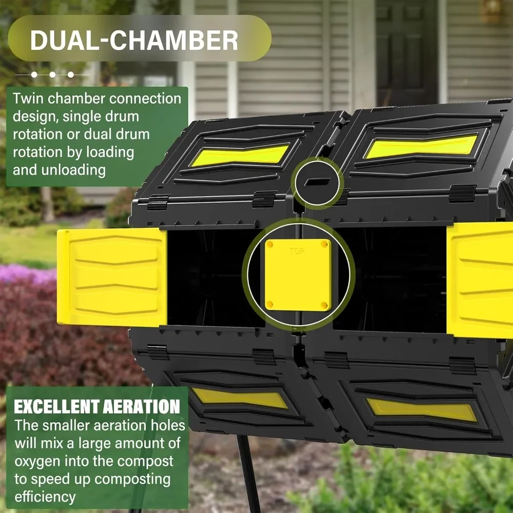 45 Gallon Compost Tumbler,Dual Chamber Tumbling Composter for Garden, Kitchen, and Yard Waste, Easy Assemble and Turning, Yellow