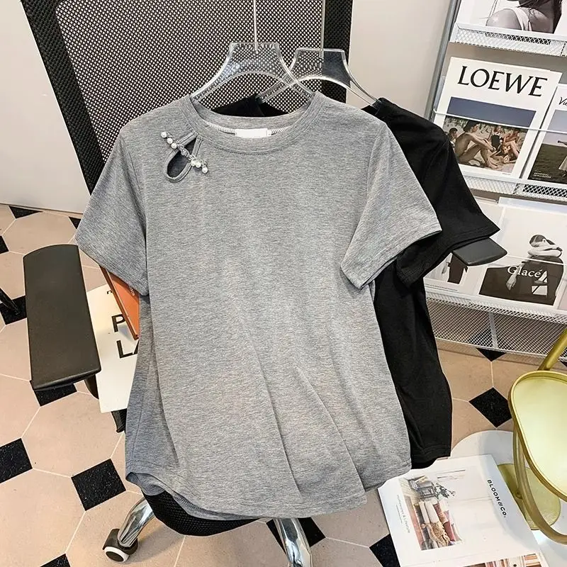 

Women's Summer New Simple Commute Round Neck Solid Hollow Out Beading Pullover Short Sleeve Loose Oversized Casual T-shirt Tops