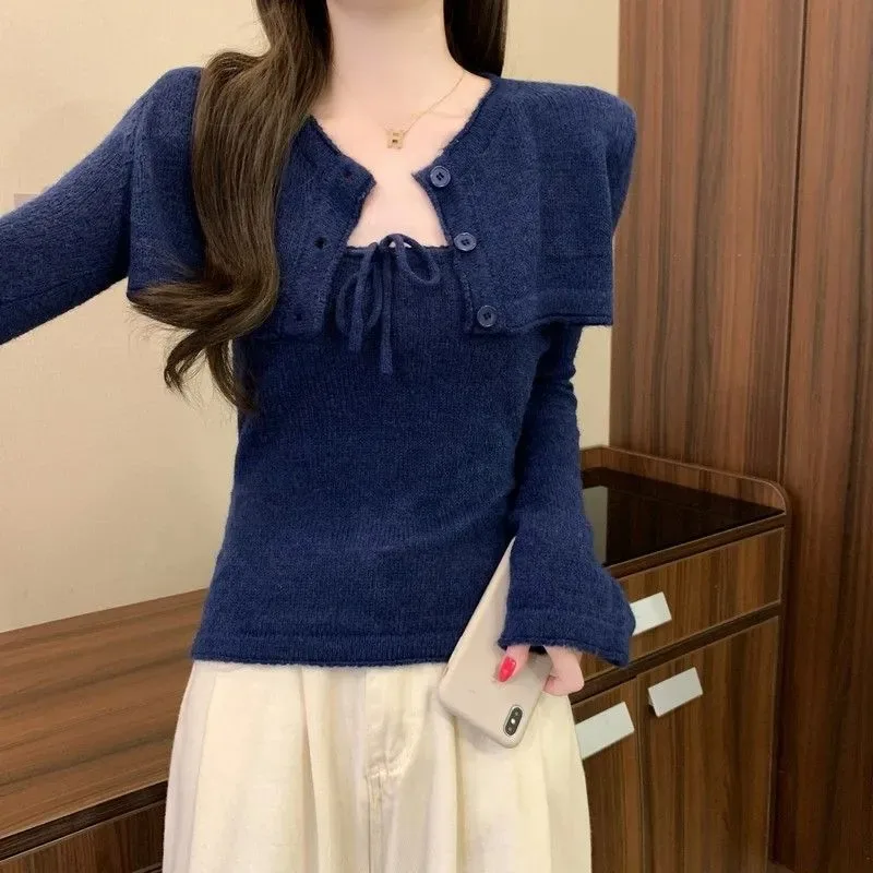 Harajuku Sexy Knitted Two Pieces Cropped Single Breasted Cardigan + Drawstring Bodycon Strapless Vest Autumn Y2k Aesthetic Suit