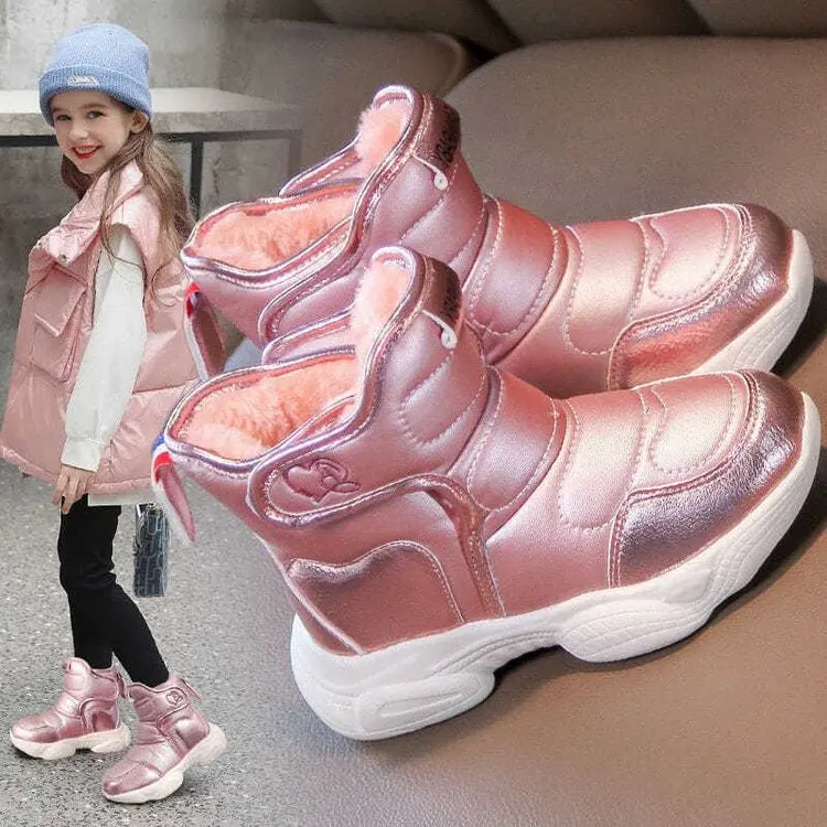 2024 Winter Snow Boots for Girls PU Leather Waterproof Thicking Plush Warm Cotton Shoes Anti-slippery Children Outdoor Sneakers