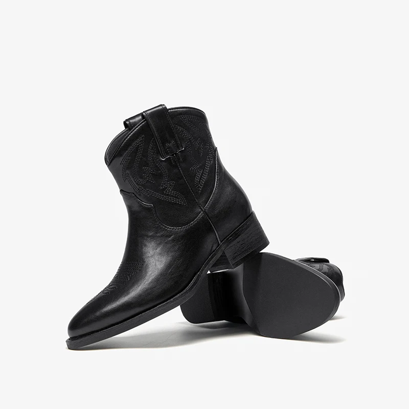 BEAUTODAY Western Boots Women Calfskin Leather Pointed Toe Ankle Boots Embroider Ladies Mid Heel Shoes Handmade 06166 - view 4