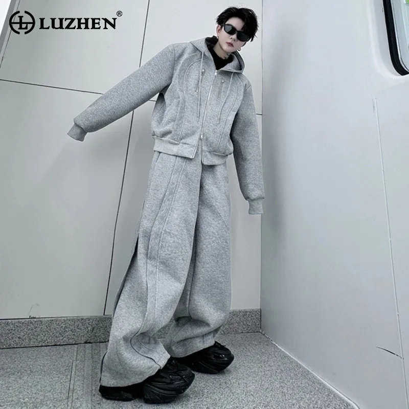 LUZHEN Hooded Spring Sleeve New Long Plain Fashion Sweatshirt Two Piece Sets Stylish Streetwear Sport Men Straight Pants LZ8715