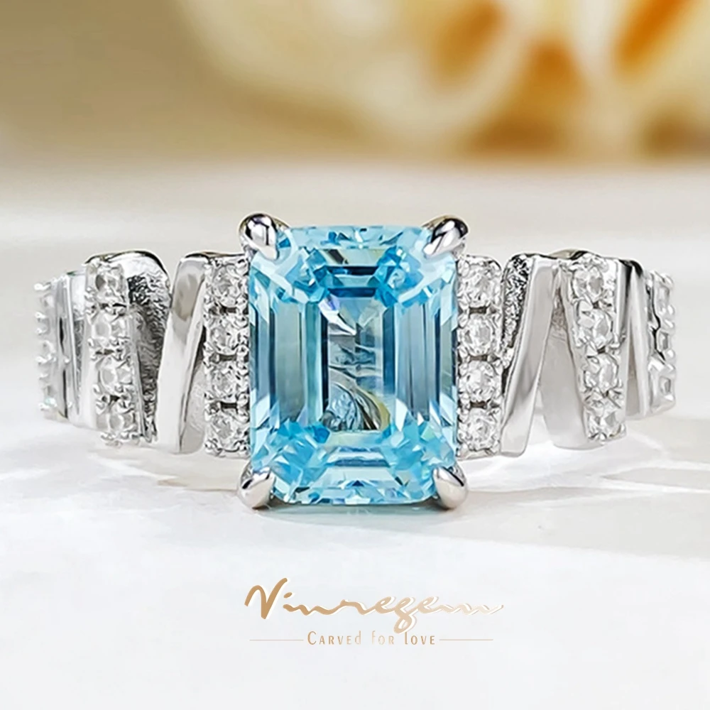 

Vinregem 6*8 MM Emerald Cut Aquamarine High Carbon Diamond Gems Fashion 925 Sterling Silver Fine Women Ring Engagement Jewelry