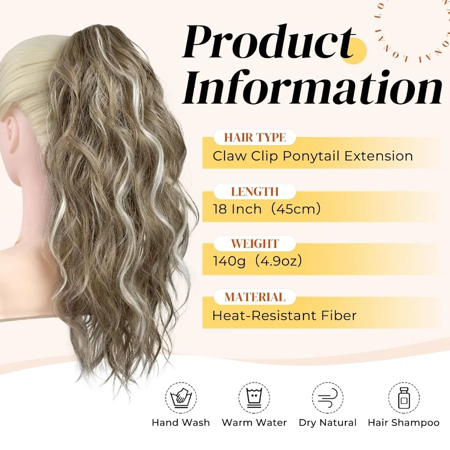 LONAI Extension de queue de cheval 18 pince à griffe ondulée Extensions de queue de cheval ZJ001 pince à griffe ondulée bouclée dans les Extensions de cheveux faux Pon synthétique