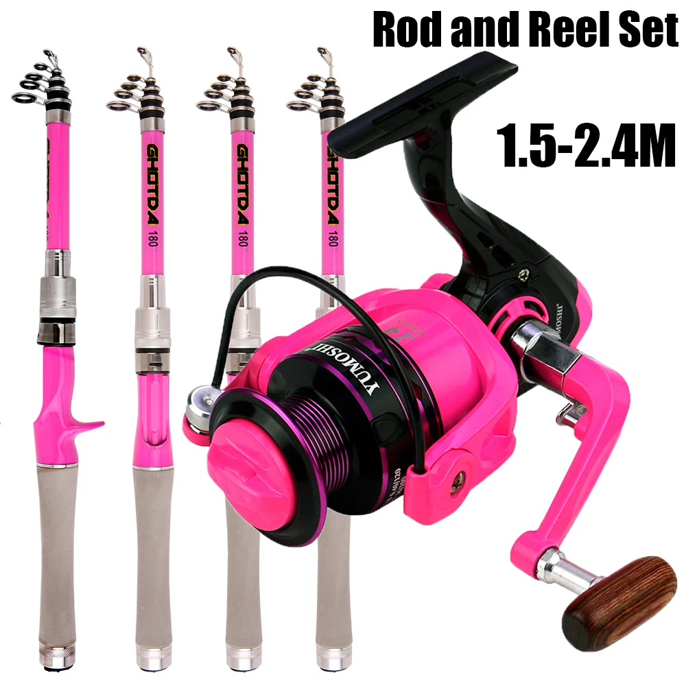 Spinning Rod and Reel Combo for Bass Pesca Mini Telescopic Fishing Rods 1.5M 1.8M 2.4M Metal Spool Fishing Reels Set Pink Girl