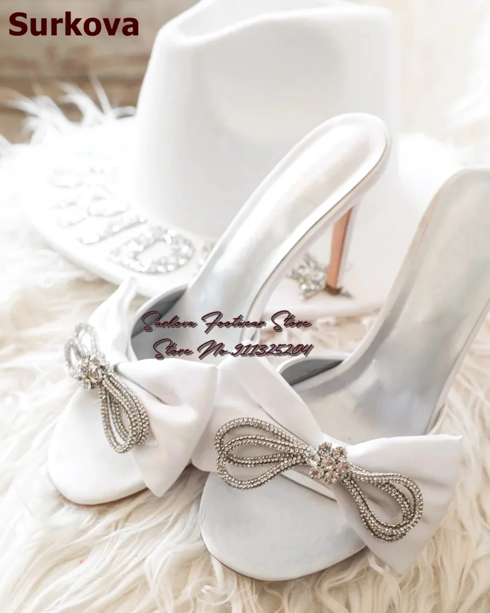 

Surkova Princess White Satin Butterfly-knot High Heel Mules Bling Bling Crystal Bowtie Wedding Shoes Glitter Modern Slippers