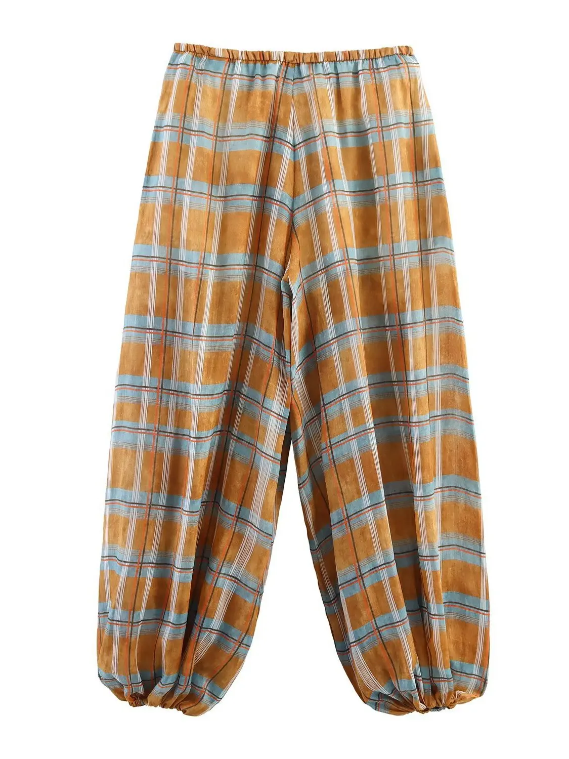 Faionable Plaid Lantern Pants Casual Versatile Women's Straight Leg Trousers Artistic Sle l Waist Elastic Fabric