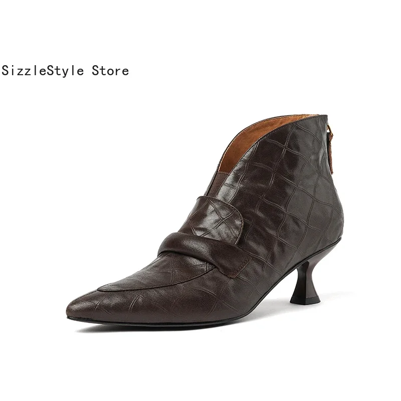 

Spring and Autumn Textured Genuine Leather Pointed Toe Solid Color Sewing Back Zipper Fashionable Wine Glass Heel Women's Boots