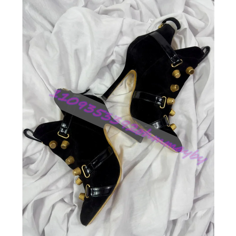 Women Black Faux Suede Ankle Boots Pointed Toe Multi Buckle Gold Rivet Decor Thin Stiletto High Heels Party Dress Booties 46