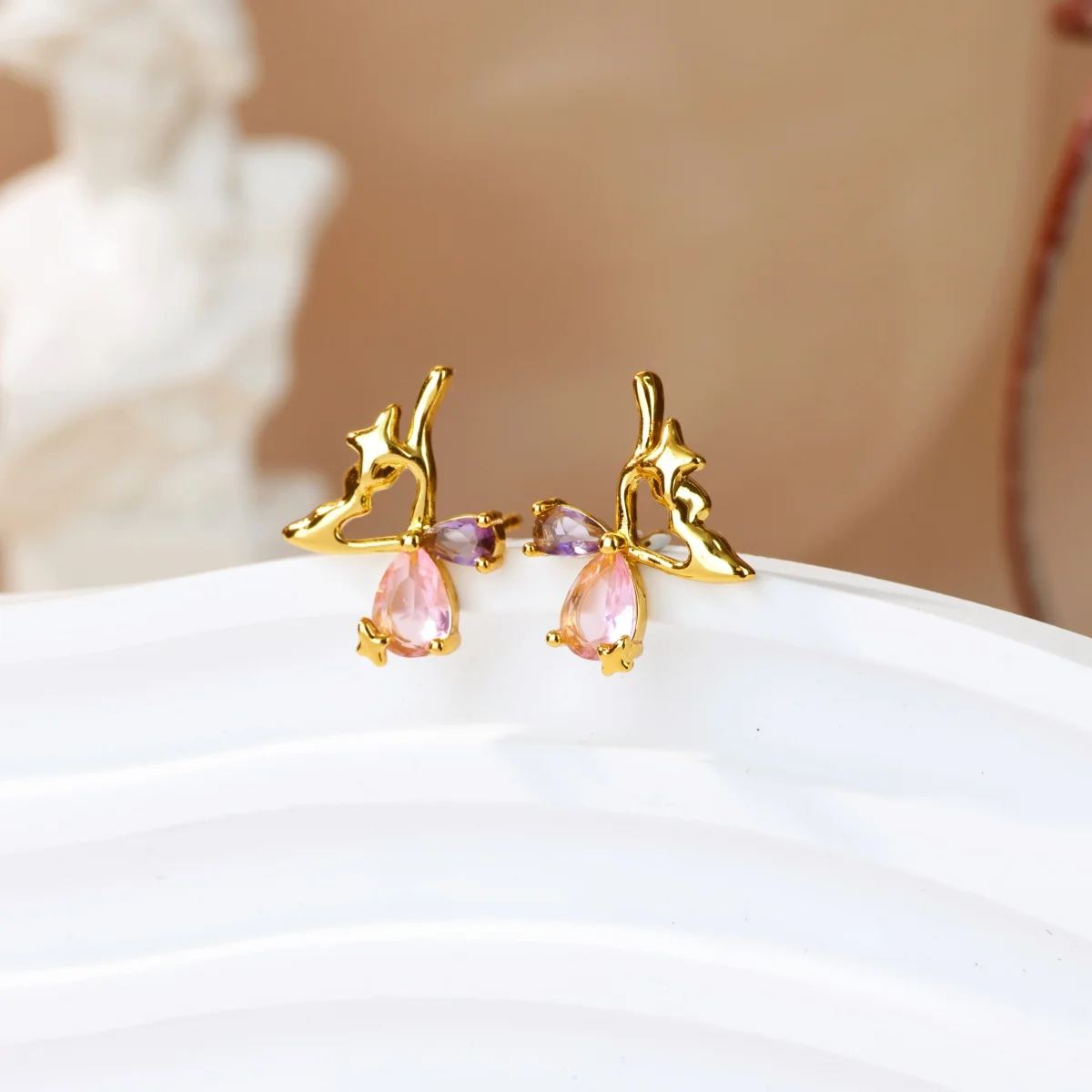 Colorful Zircon Water Drop Butterfly Earrings For Women Gold Color Stainless Steel Earrings Wedding Female Jewelry aretes