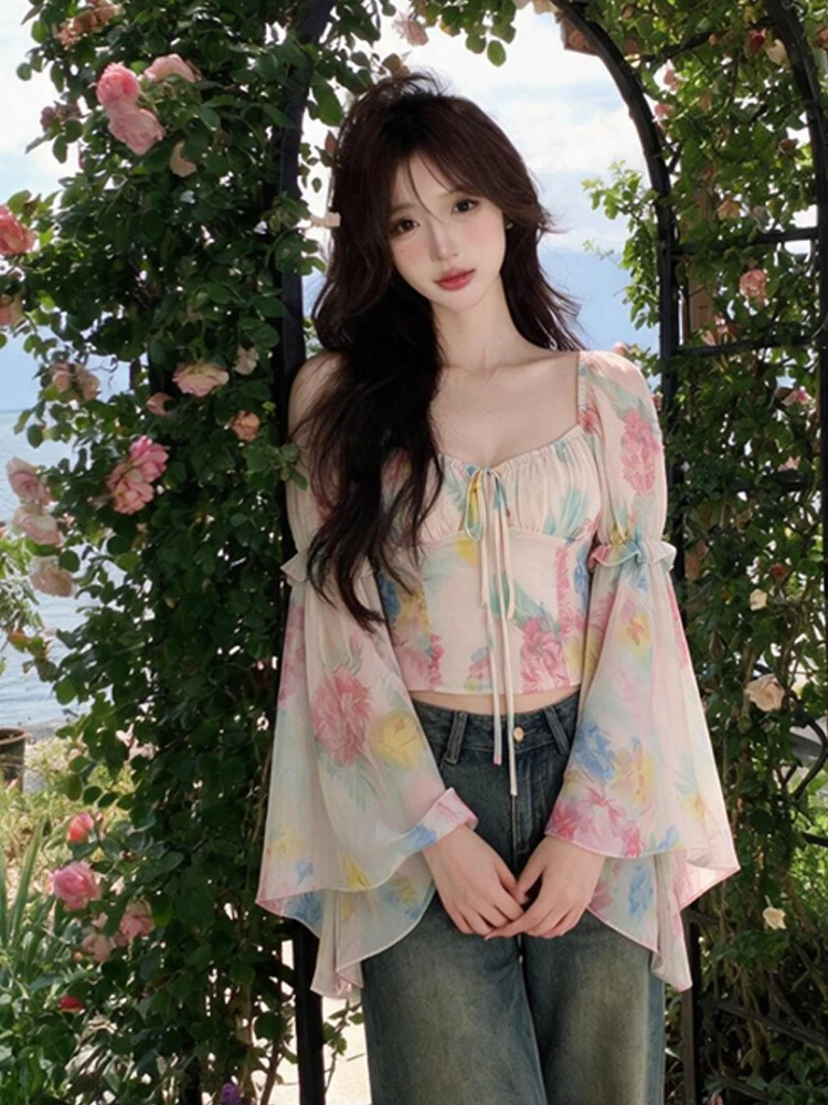 Watercolor Gradient Long Sleeve Chiffon Shirt Irregular Floral Print Square Collar Pleated Belted Elegant Versatile Women's Top