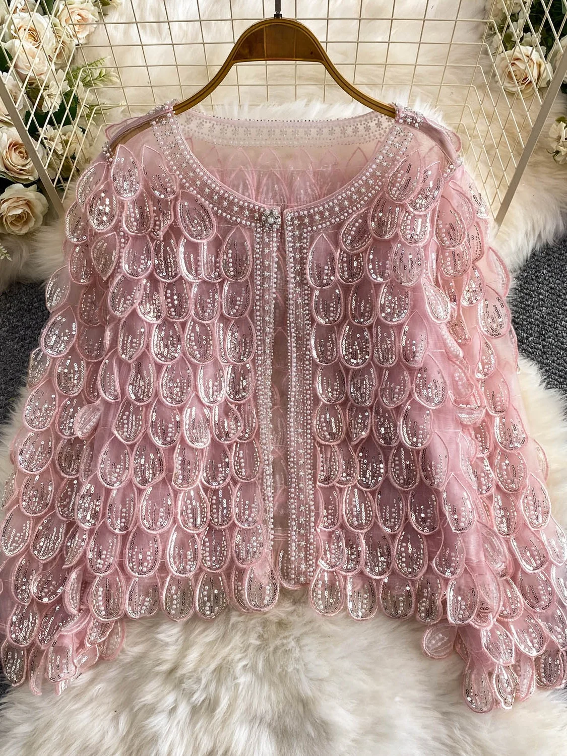 Elegant Lace Outerwear Women Summer Luxury Bead Embellished Loose Fit Long Sleeve round Neck Thin Shirt Age-Defying Party Wear