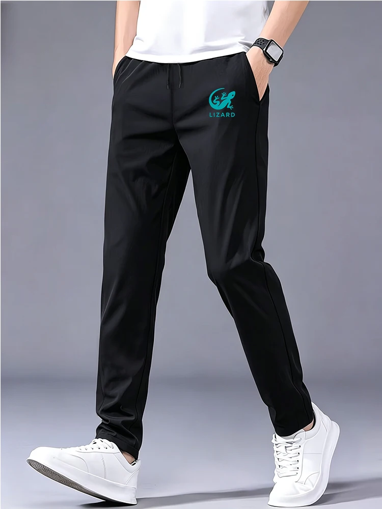 

Men Cyan LIZARD Gecko Print Ice Silk Casual Pants Drawstring Elastic Waist Straight Leg Quick Dry Sports Trousers Streetwear Swe