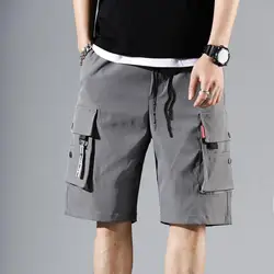 Drawstring Cargo Shorts Men Quick Dry Multi pocket Loose Casual Baggy Shorts Hip Hop Wide Leg Tactical Sport Shorts Streetwear