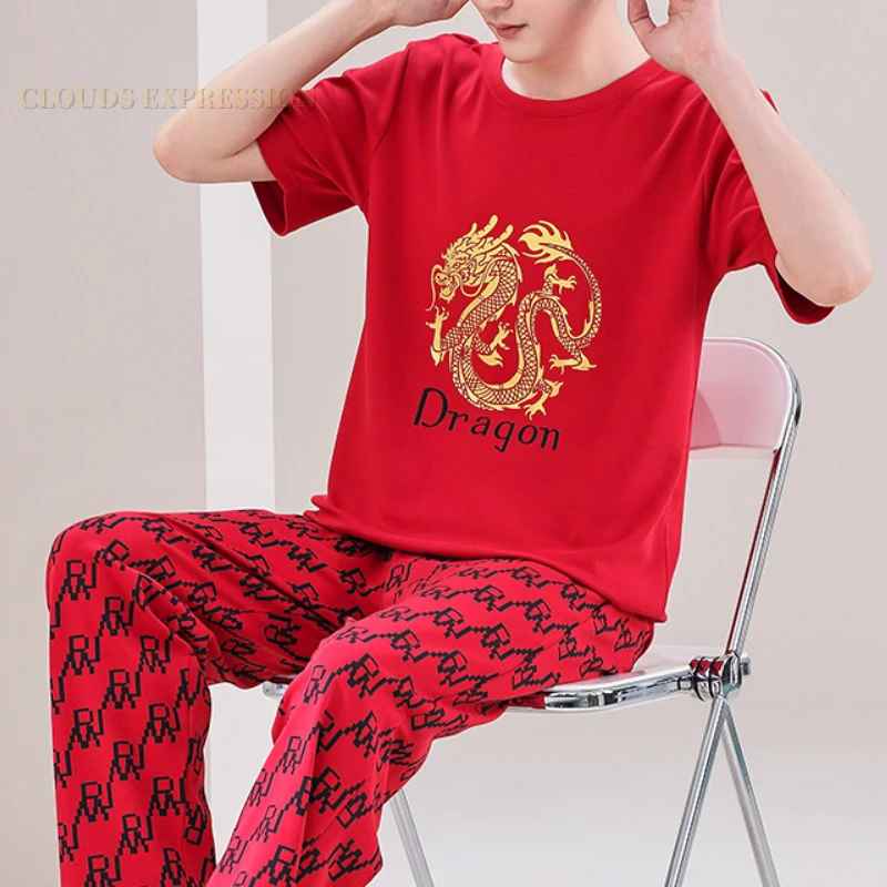 L-5XL Summer Elegant Men Pyjamas Knited Red Pajamas Set Long Pants Sleepwear Pyjamas Night Suits Pijamas Plus Size Homewear PJ