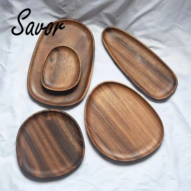 

Whole Wood Irregular Oval Solid Pan Plate Fruit Dishes Saucer Tea Tray Dessert Dinner Tableware Set