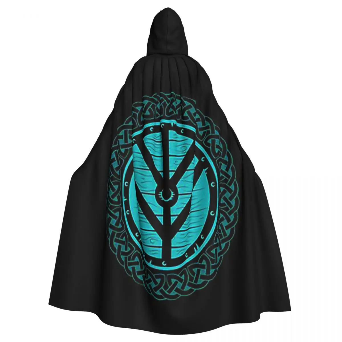 Escudo vikingo doncella nudo nórdico escudo verde azulado capa larga con capucha disfraz Medieval de bruja capa de Cosplay Halloween vampiro adulto Unisex