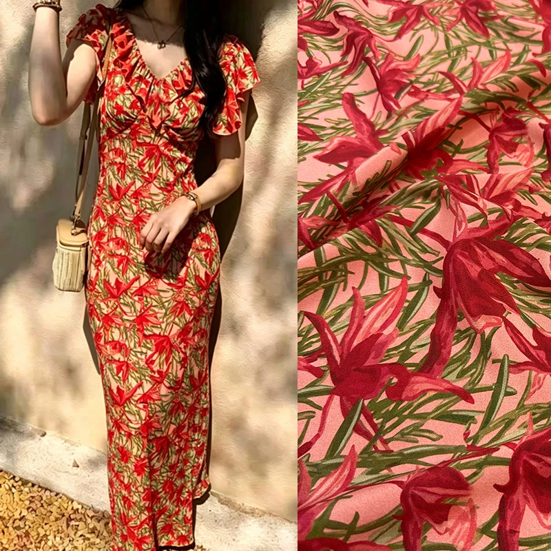 Dark Red Floral Printed Stretch Silk Crepe de Chine Fabric for DIY Sewing Summer Comfortable Dress Pajamas Silk Fabric FR7025