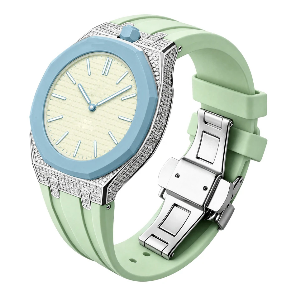 Diamant-Moissanit-Uhrenarmband für Swatch X AP Royal Pop Pocket Edelstahlgehäuse mit Silikonarmbändern Set Ersatzband