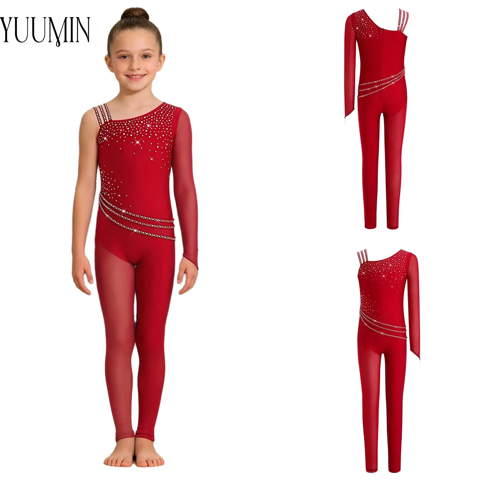 6-16Y Kids Girls Asymmetrical Figure Skating Dance Leotard Mesh Patchwork Sparkly Rhinestone Bodysuit Back Zipper Performance