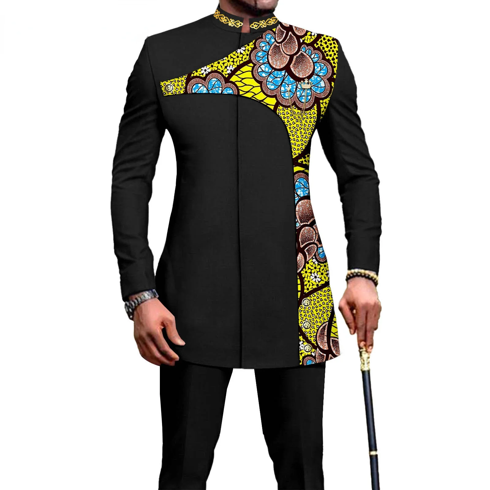 Bazin Riche African Traditional Clothing for Men Zip Shirts and Pants 2 Piece Set Formal Suit for Wedding Evening A2316036