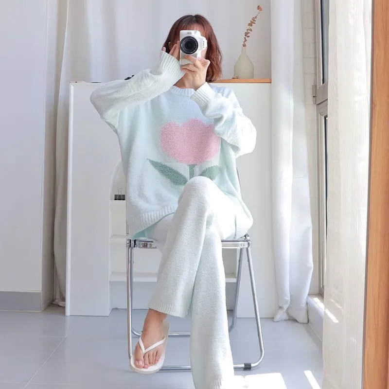 Plus Size Plush Pajamas Set For Women 2023 Winter New Warm Tulip Casual Home Clothes Thickened  Coral Fleece Loose Outwear Suit