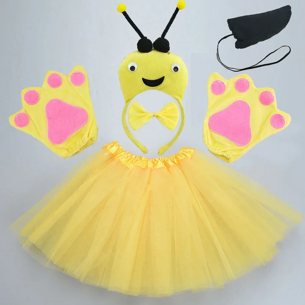 

Cartoon Kids Women Animal Yellow Bee Headband Tutu Skirt Tie Tail Paw Set Party Birthday Halloween Costume Cosplay
