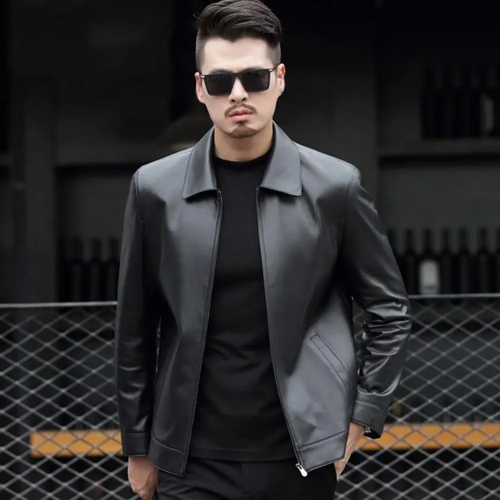 Fashionable Men Outerwear Stylish Men's Slim Fit Faux Leather Biker Jacket with Zipper Pockets Vintage Windproof for Autumn