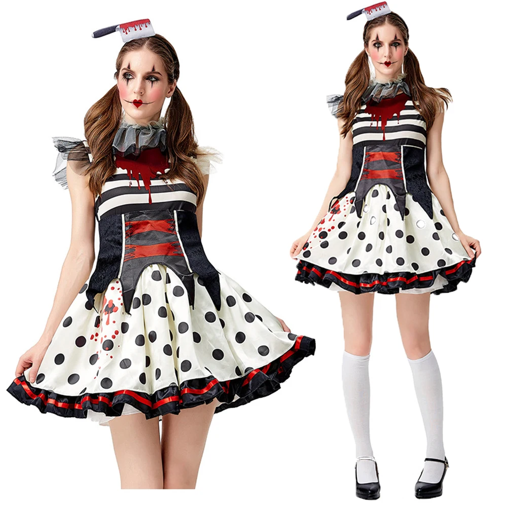 

Halloween Funny Circus Clown Costume Adult Women Terrifying Bloodstain Printed Dress Naughty Clown Outfits Fancy Dresses