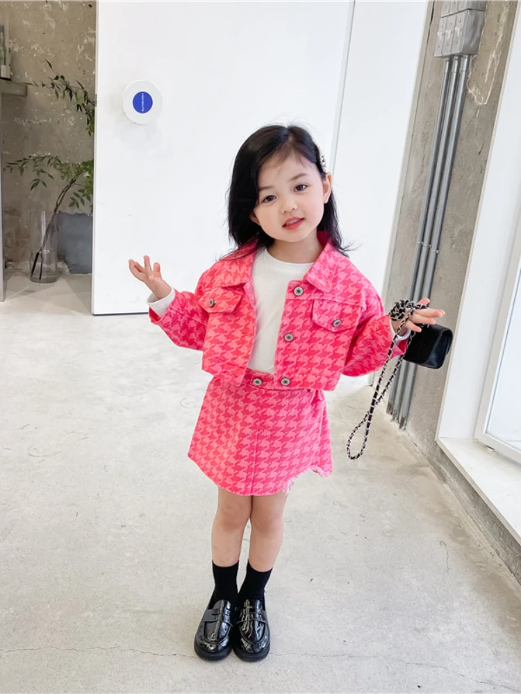 2023 Spring New Arrival Girls Fashion 2 Pieces Suit Coat+skirt Kids Houndstooth Sets