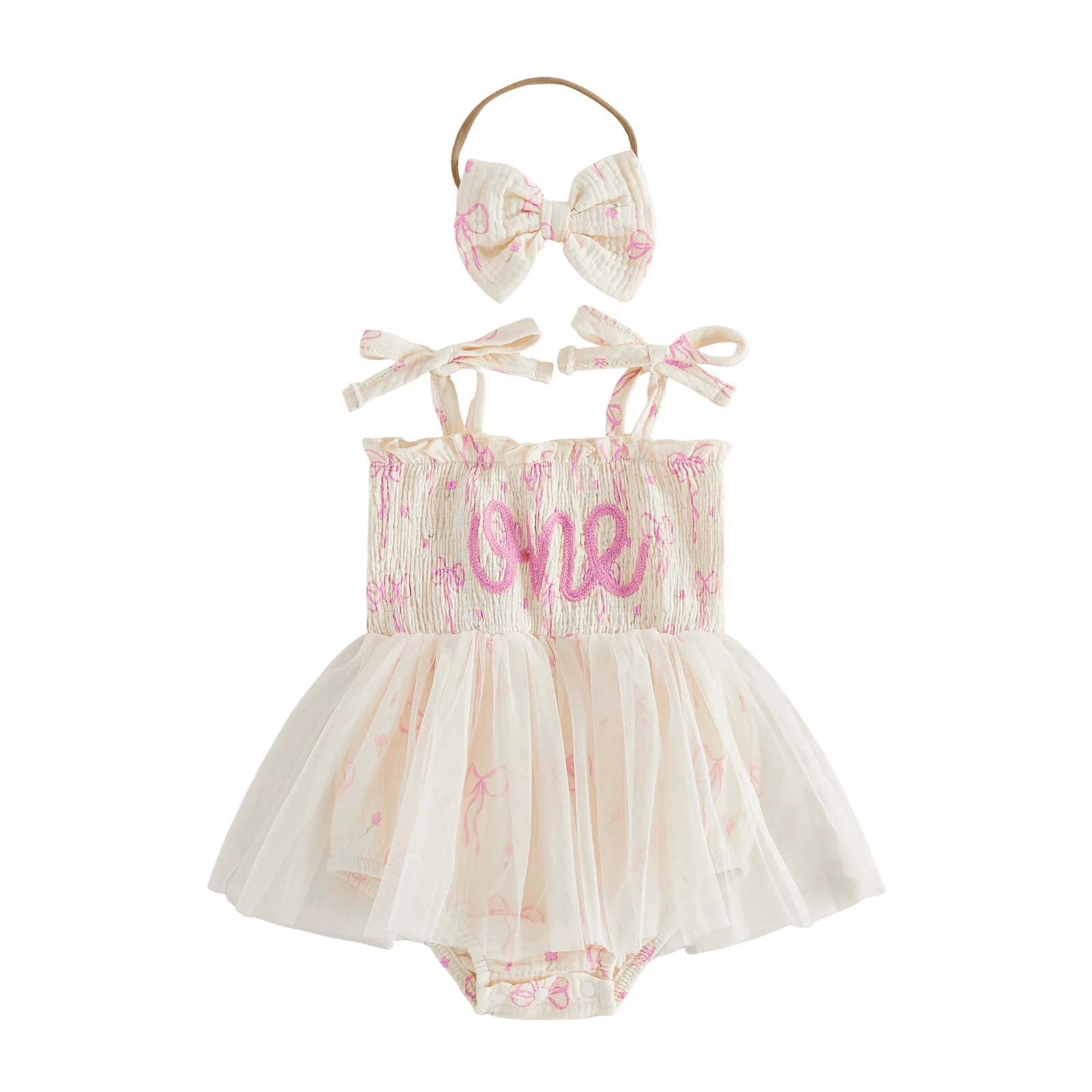 

Baby Girl 2 Piece Outfit Adorable Letter Embroidery Sleeveless Square Neck Tulle Romper Dress and Bow Headband Set