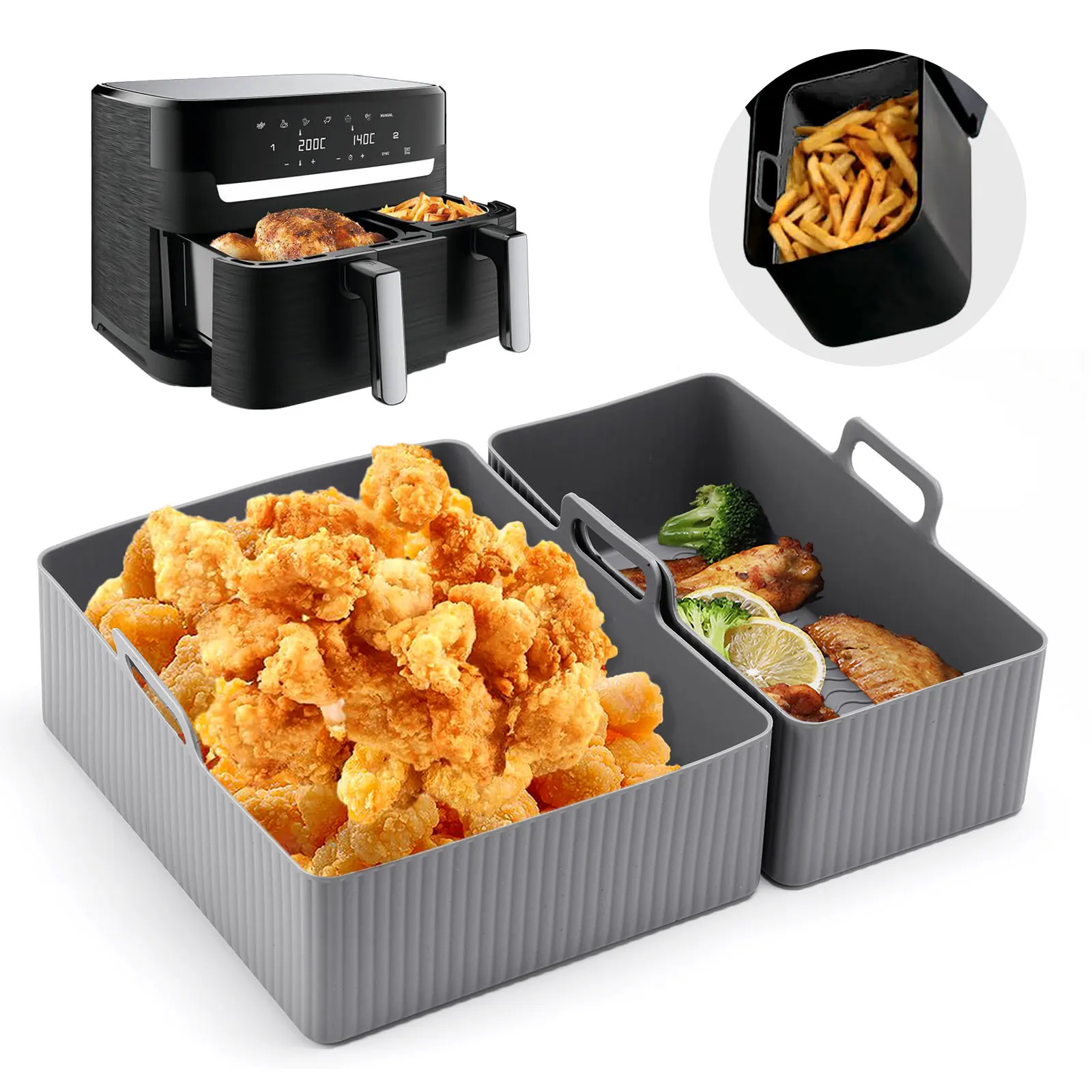 2pcs Set Silicone Air Fryer Mat AirFryer Baking Pan Mold Reusable Oven Baking Tray Pad Non-stick Basket Liners Pot Kitchen Tool