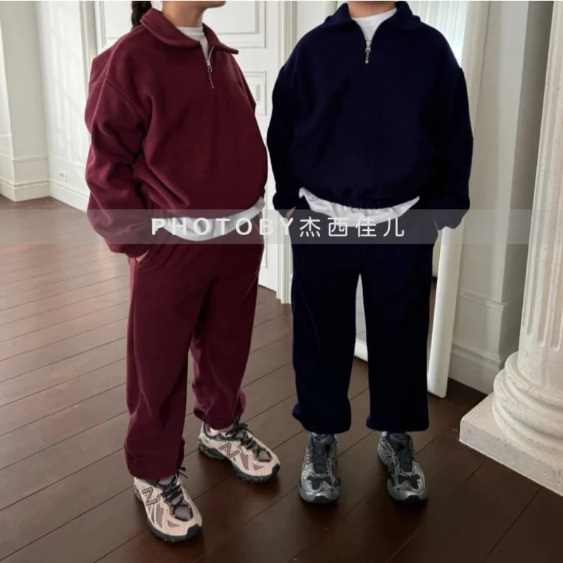 

2025 Winter New Children Fleece Clothes Set Boys Girls Lapel Sweatshirt + Pants 2pcs Suit Kids Plus Velvet Thick Warm Outfits
