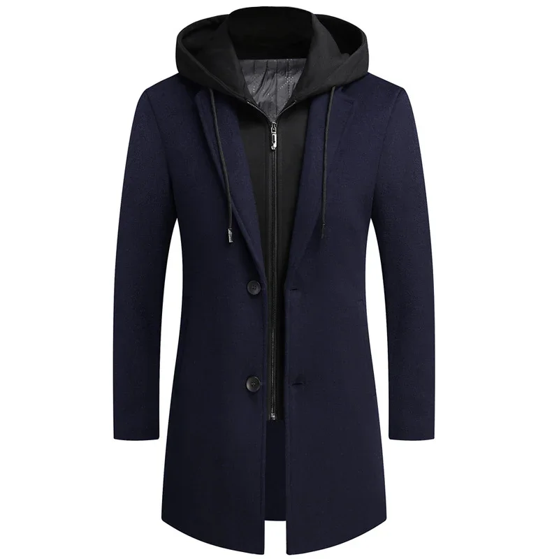 Winter Men's Hooded Wool Jackets Casual Middle Long Scarf Collar Cotton Thick Woolen Coat Male Luxurious Trench Clothing