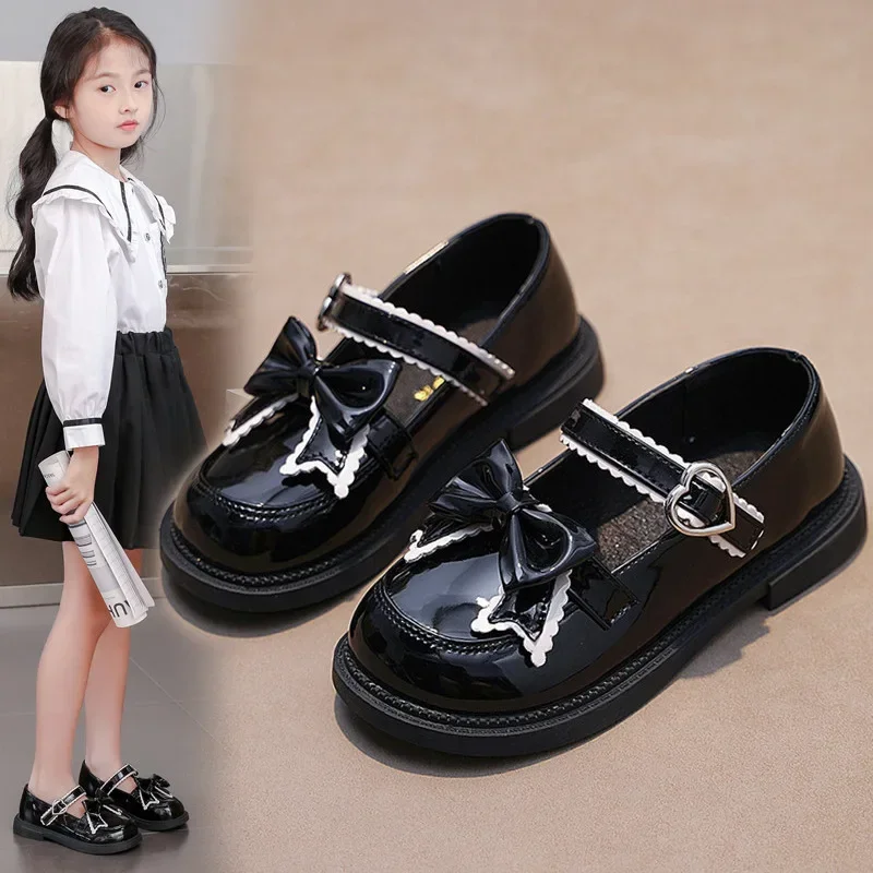Autumn Kids Square Dance Performance Shoes Black Solid Color Girls Princess Shoe with Bow 2026 New Girls Leather Shoes Soft Sole
