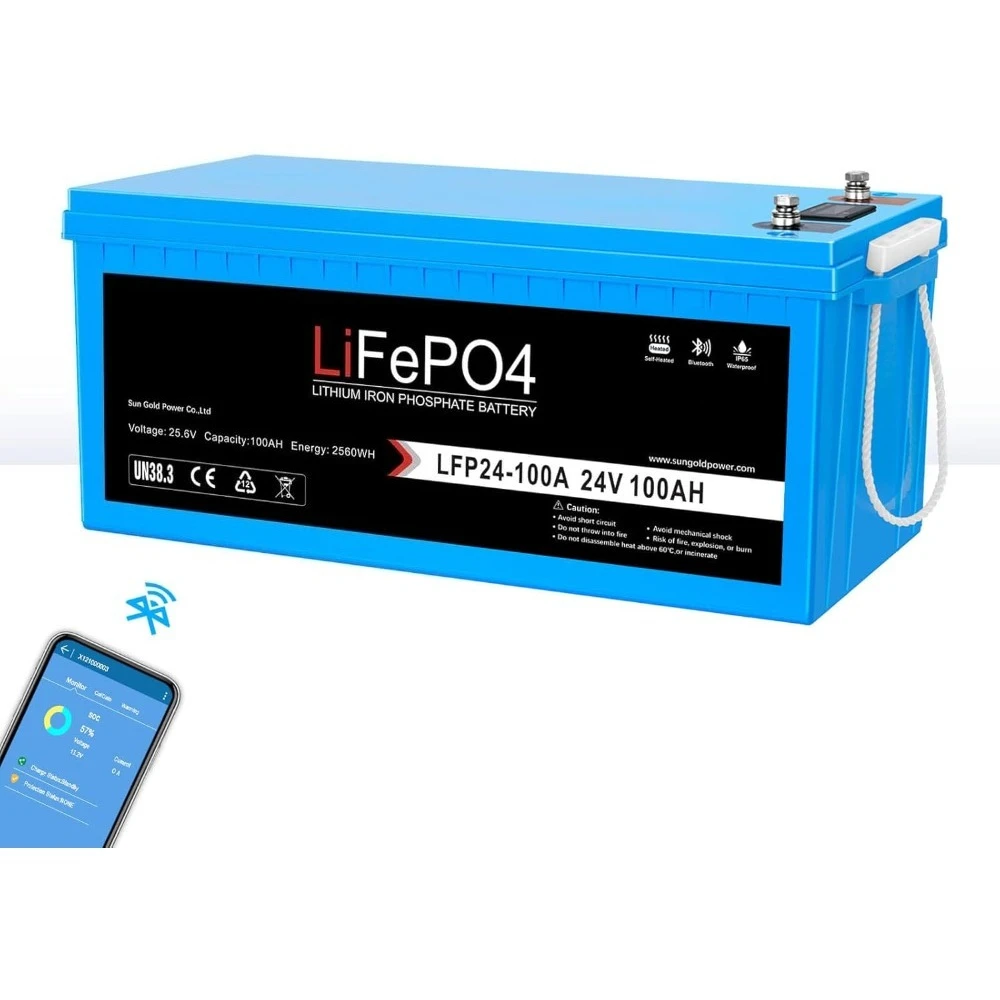 

100AH 24V LiFePO4 Battery Built-in 100A BMS, 2560Wh Power, 4000+ Deep Cycles Lithium Battery with Buletooth,Self Heating