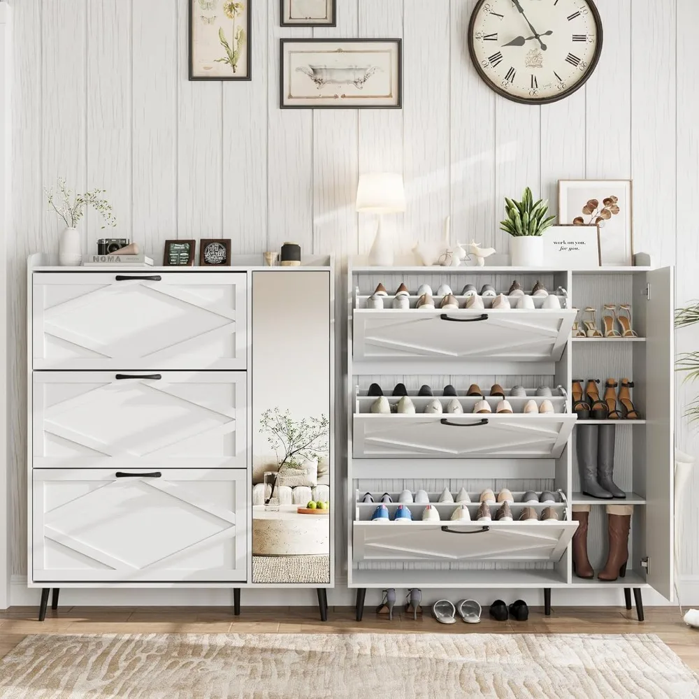"خزانة أحذية ذات 3 أدراج مع مرآة وتخزين مخفي، وخزانة تخزين أحذية خشبية مكونة من 5 أرجل، ورف أحذية نحيف مع رف"