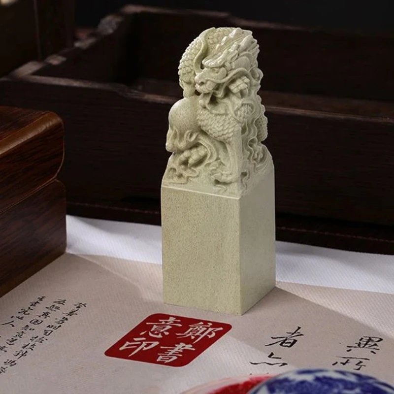 Natural Stone Square Name Seals Dragon Pattern Customized Name Stamps Carving Calligraphy Chinese Painting Book Collection Stamp