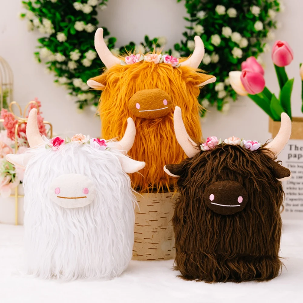 Highland Cow Plush Ornament Realistic Soft Cuddly Farm Toy Stuffed Animal Gift for Kids Room Farmhouse Home Bar Decor 3 Colors