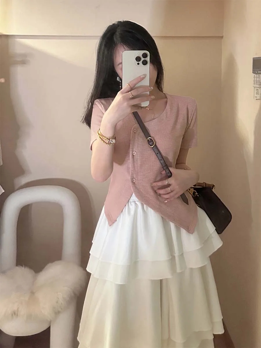 

Pink V-Ne Slim Fit ort Sve T-irt Women's Summer New Sle Asymmetrical ort Length Top Commute Sle Cotton Blend