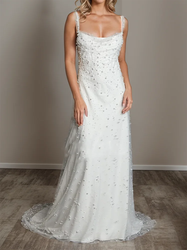 Classic Scoop Collar Beading Sleeveless Straight Bride Wedding Dresses Bridal Gowns Customized
