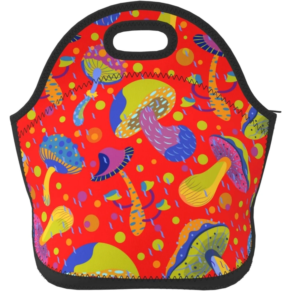 

Colourful Mushrooms Psychedelic Trippy Red Insulated Lunch Box Food Bag Neoprene Handbag Lunchbox Cooler Warm Pouch Tote Bag