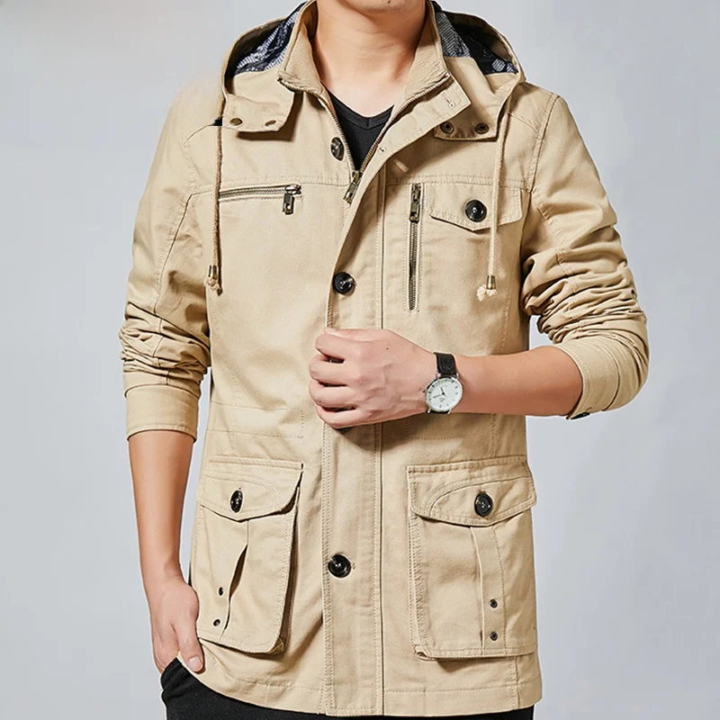 

Men's Loose Fit Cotton Jaet Multiple kets Casual Sle Mid-Length Spring Autumn Workwear Windproof Outerwear Coat
