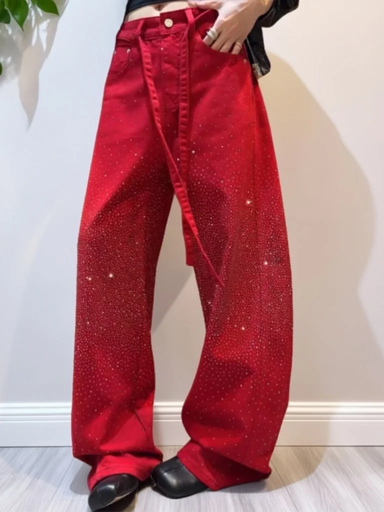 

Slimming High Waist Wide Leg Jeans Glittering Star Rhinestone Casual Loose Fit Spring Faion Women's Premium Feel Denim Pants