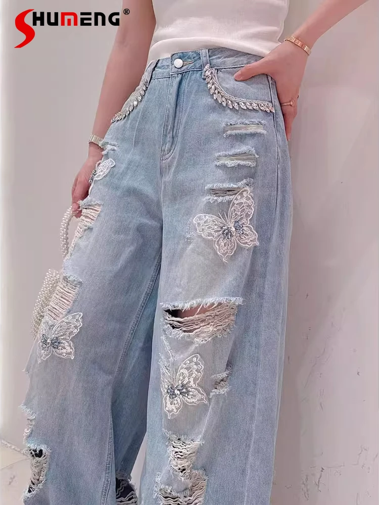 素敵なジーンズ女性の 2025 夏の新甘いハイストリートロングデニムパンツダイヤモンドラインストーン弓穴デザインストレートデニムパンツ