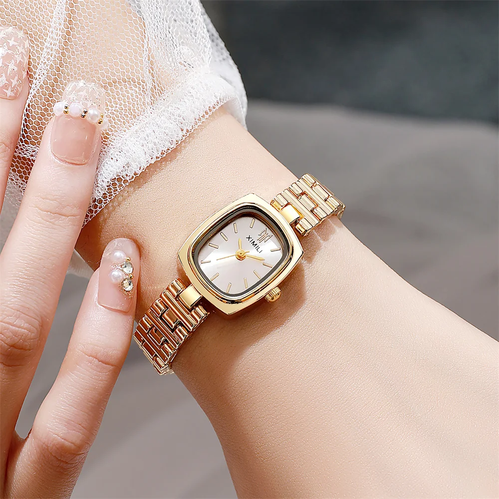 

Роскошные женские ретро-часы с маленьким золотым циферблатом, стальным браслетом, кварцевым механизмом, минималистичные, в подарок, для платья