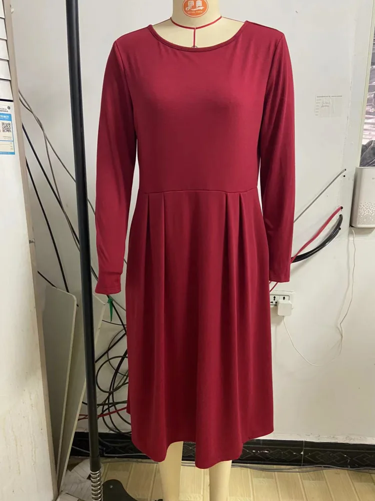 HKSH Frühling Herbst Neue frauen Kleid Oansatz Langen Ärmeln Taille Cinching Einfarbig Plissee A-line Trendy Casual Kleider HK14496