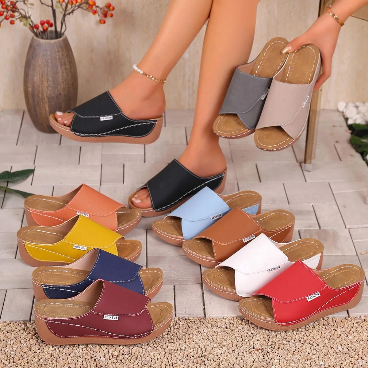 Women Slippers Fashion Fish Mouth Slope Heel Slippers Thick Heel Slip-On Women Shoes Large Size Summer Sandals Slides Women